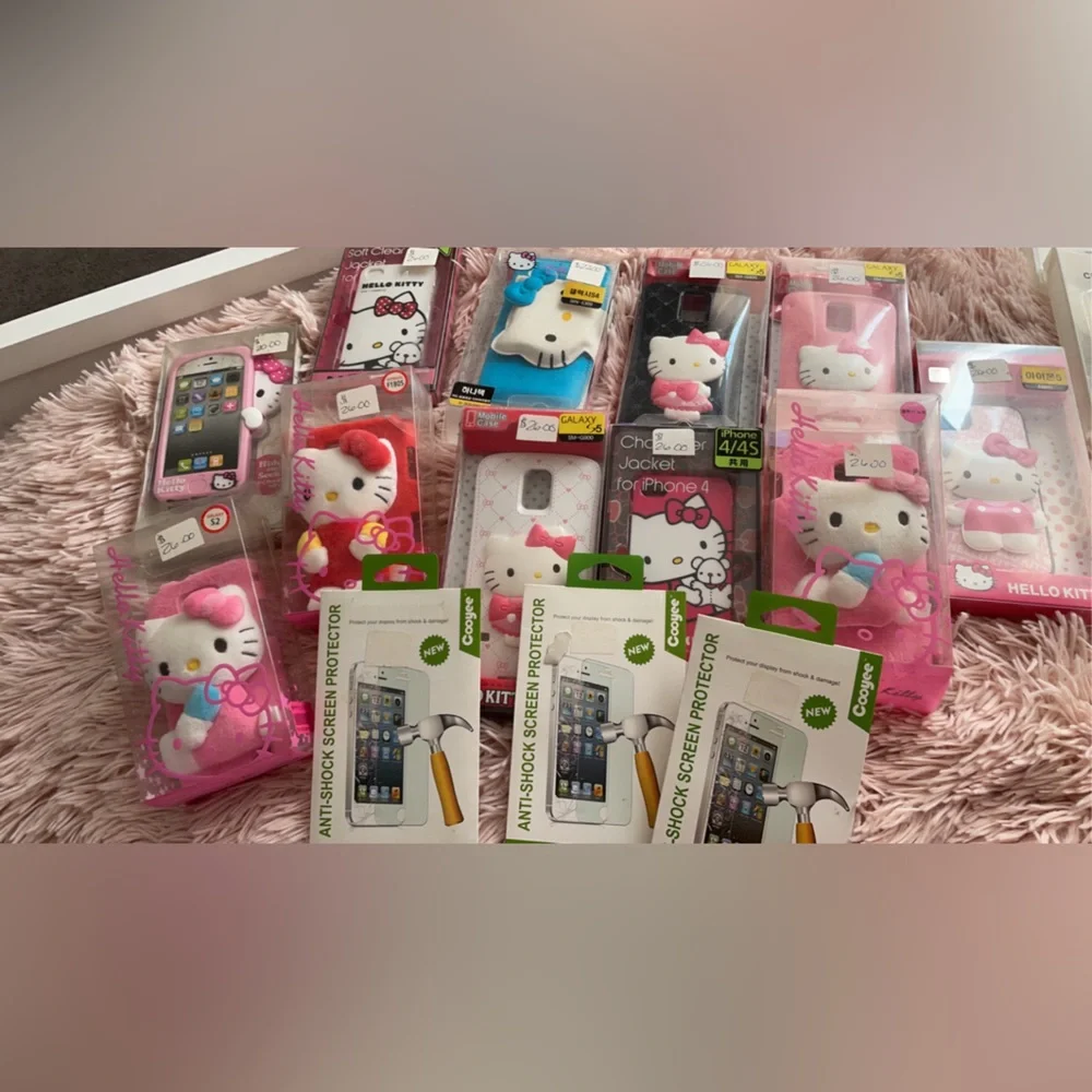 hello kitty case, samsungs and iphone 4 & 5, and 3 iPhone 4 screen protectors